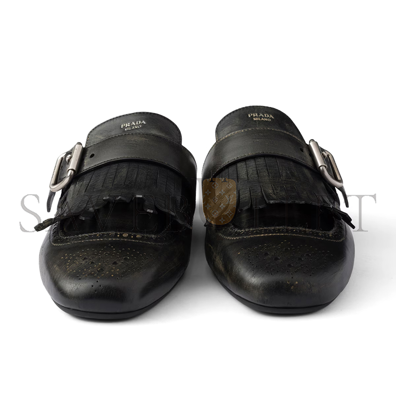 PRADA SHUFFLE FRINGED LEATHER MULES 1S973N
